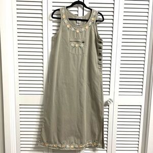 Vintage Denim Tan Dress Sleeveless Jumper Embroidered Flowers Maxi Granny 90s S